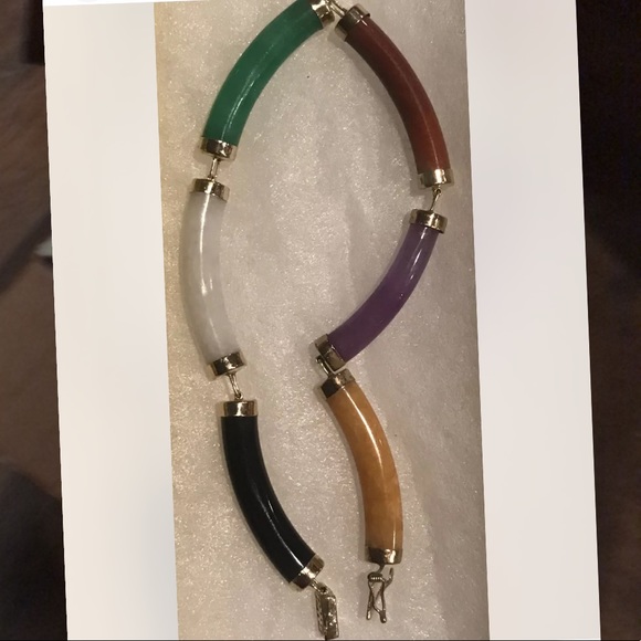 14k Gold and Multi Color Jade Baguettes Bracelet - Picture 4 of 4